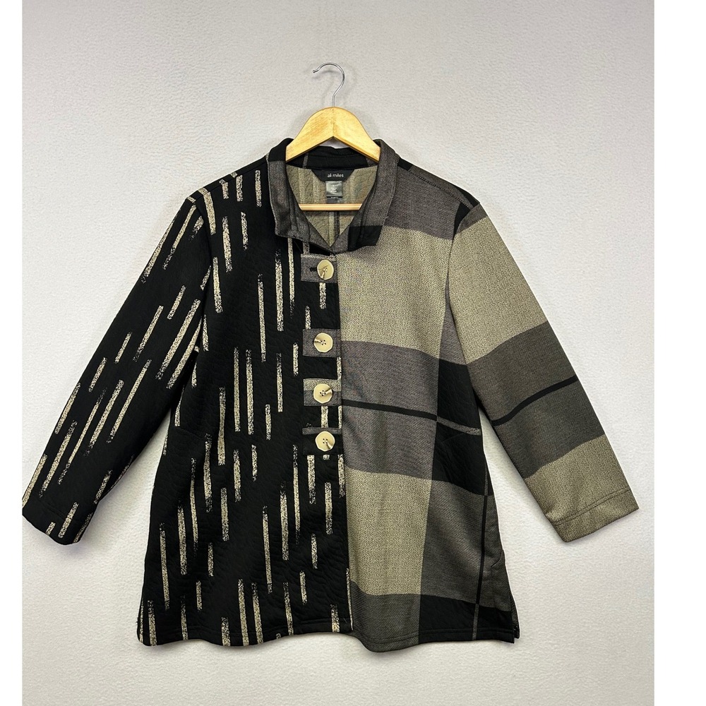 Art To Wear Ali Miles Womens Large Black Gray Plaid Mixed Media Button Jacket